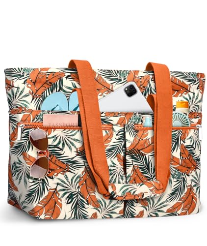 HUANLANG Large Beach Bags for Women Pool Bag with Zipper, Waterproof Sandproof Beach Tote Travel Bag with Wet Pocket - color: Orange Floral