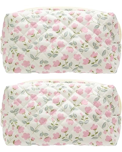 PAZIMIIK 2PCS SET Vintage Quilted Makeup Bag Cosmetic Pouch for Brushes Pencils and Travel Make Up Accessories for Women and Girls Flower White - color: Flower White, size: 2PCS