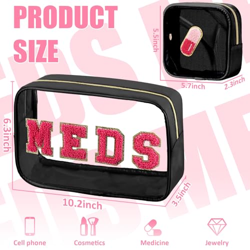 BuyCard 2 Pcs Medicine Chenille Letter Bag Preppy Clear Makeup Meds Pouch for Travel Nylon & PVC Transparent Cosmetic Bag Preppy Patch Toiletry Storage for Women Girls Black - color: MEDS-Black, style: 2 Pcs-clear