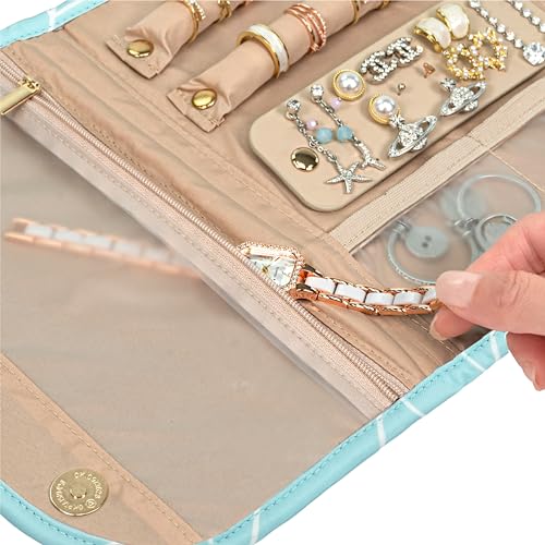 PAVILIA Travel Jewelry Case Organizer, Foldable Jewelry Travel Roll Bag, Small Jewelry Travel Pouch Wallet for Earrings, Rings, Necklaces, Bracelets, Travel Packing Accessories (Chevron Teal) - color: Chevron Teal