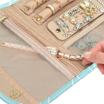 PAVILIA Travel Jewelry Case Organizer, Foldable Jewelry Travel Roll Bag, Small Jewelry Travel Pouch Wallet for Earrings, Rings, Necklaces, Bracelets, Travel Packing Accessories (Chevron Teal) - color: Chevron Teal