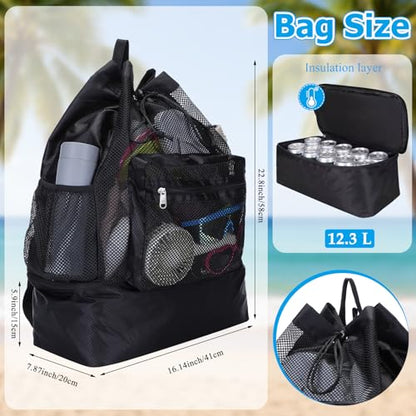 Mesh Beach Drawstring Backpack with Cooler Beach Bags Sandproof Swim Bags Leakproof with Zipper for Seaside Pool Travel - color: Black