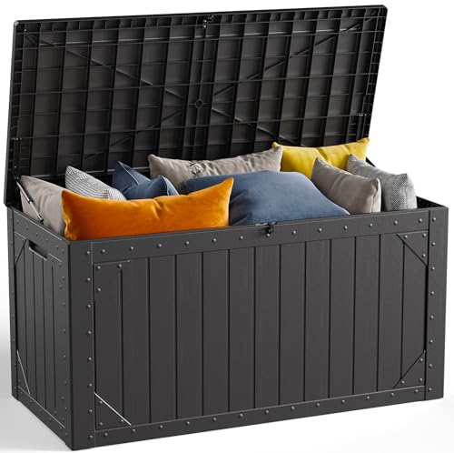 100 Gallon Outdoor Storage Box, Waterproof Resin Deck Box Organizer for Patio Cushion Storage, Lockable Outside Container for Garden Tools - color: Jet Black, size: 100 Gallon