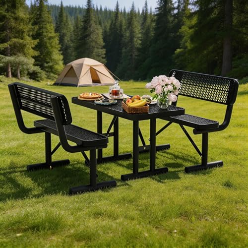 4FT Outdoor Metal Picnic Table with 2 Benches,Heavy Duty Rectangular Picnic Table Set for Outside, Waterproof Commercial Restaurant Table Furniture for Park, Campfield, Patio, Garden, Yard - color: Set A-black, size: 4FT