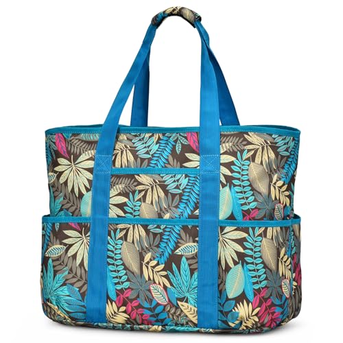 Becokan Beach Bags for Women Large Beach Tote Bag with Zipper Pockets Beach Bag Waterproof Sandproof Travel Nurse Tote Bag - color: Leaves