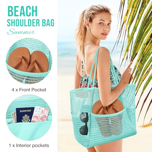 KPX Beach Bag with Mini Pocket, Summer Beach Tote Bags for Women Large Foldable Mesh Swimming Pool Travel Bags - Sandproof - color: Blue