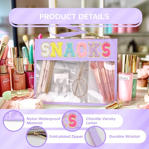 Siwara Snack Bags Clear Pouch Travel Makeup Bag Chenille Letter Bags for Zipper Pouch Clear Cosmetic Bag Clearly Tote Bag Makeup Travel Bags for Women - color: Purple