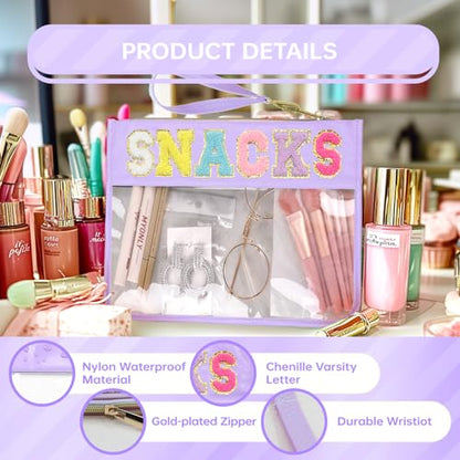 Siwara Snack Bags Clear Pouch Travel Makeup Bag Chenille Letter Bags for Zipper Pouch Clear Cosmetic Bag Clearly Tote Bag Makeup Travel Bags for Women - color: Purple