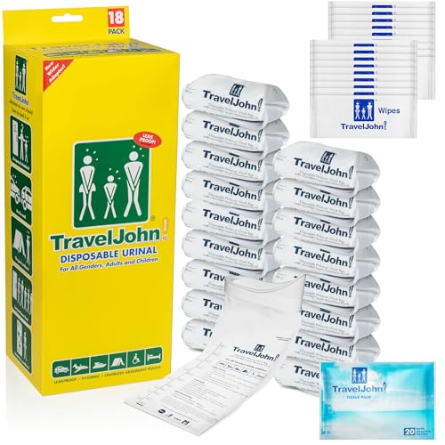 TravelJohn Disposable Urinal Bags – Road Trip Essentials for Men, Women & Kids – Odorless Leakproof Portable Urine Bags – Ideal for Camping, Emergencies & Long Car Rides (TJ1A-C) - style: 18 Pack
