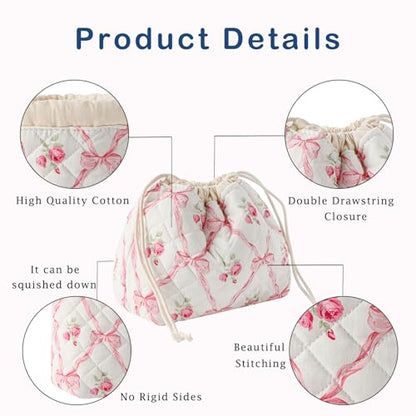 uekeboag Cotton Quilted Drawstring Makeup Bag with Canvas Lining,Coquette Aesthetic Cute Travel Toiletry Bag,Drawstring Gift Bag for Women and Girls（03Pink Bows） - color: 03Pink Bows