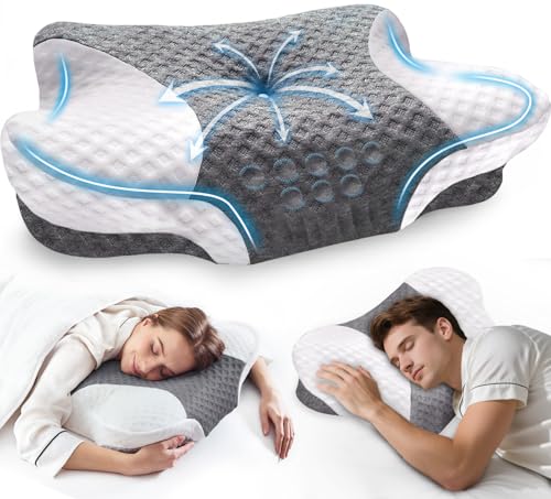Cervical Neck Pillows for Side Sleeper - Memory Foam Neck Pillows for Pain Relief Contour Ergonomic Neck Support - Adjustable Orthopedic Bed Pillows with Breathable Pillowcase Queen Size - color: White, size: Queen