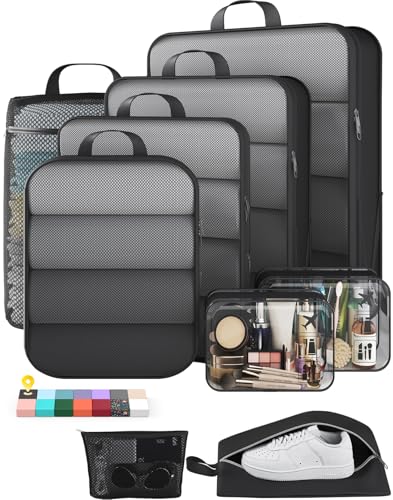Veken 9/11 Set Compression Packing Cubes for Travel Essentials,Compressible Expandable Large Luggage Suitcase Organizer Bags for Clothing,Durable Space Saver Storage Bags with Toiletry Bags(Black) - color: Black, size: 9 set