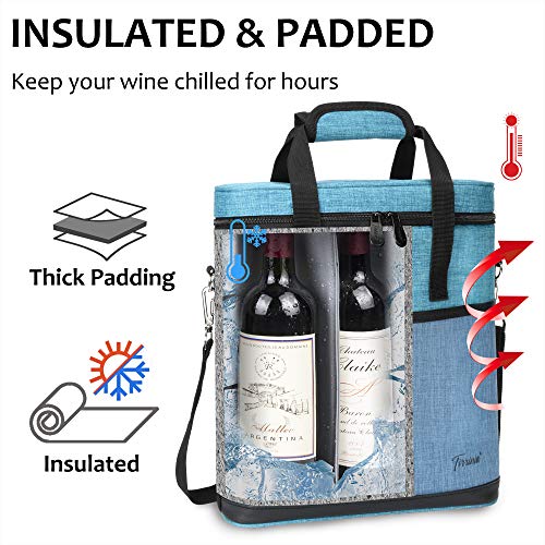 Tirrinia Insulated Wine Gift carrier - 3 Bottle Travel Padded Wine Carry Cooler Tote Bag with Handle and Adjustable Shoulder Strap, Blue - color: Blue