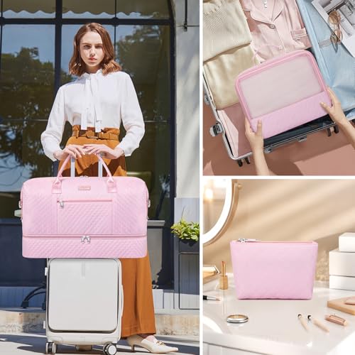 ITIEZY Weekender Overnight Bag for Women - Large Travel Duffel Bag with Shoe Compartment, Gym Duffel Bag Hospital Bag Carry On Tote Bags for Airplanes with Crossbody Bag Toiletry Bag 3Pcs Set - color: 9a-Pink