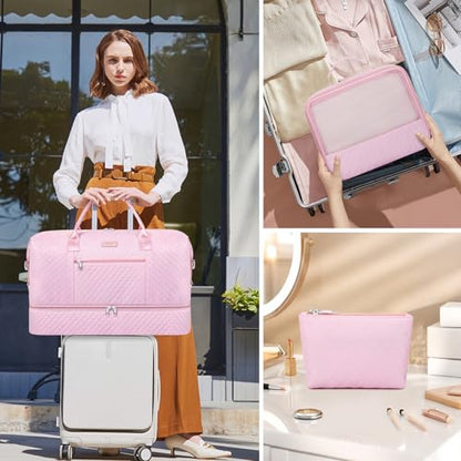 ITIEZY Weekender Overnight Bag for Women - Large Travel Duffel Bag with Shoe Compartment, Gym Duffel Bag Hospital Bag Carry On Tote Bags for Airplanes with Crossbody Bag Toiletry Bag 3Pcs Set - color: 9a-Pink
