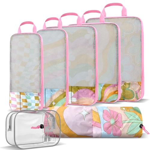 7 Piece Compression Packing Cubes Set - Boho Rainbow Flowers Ultra-Lightweight Travel Organizers with Reinforced Zippers for Luggage & Suitcases Compression Set (Durable Travel Accessories) - color: Black