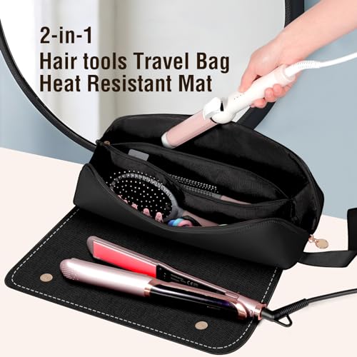 SS Hair Tools Travel Bag and Heat Resistant Mat for Hot Tools, Leather Curling Iron Case, Portable Essentials for Women, Black - color: Black