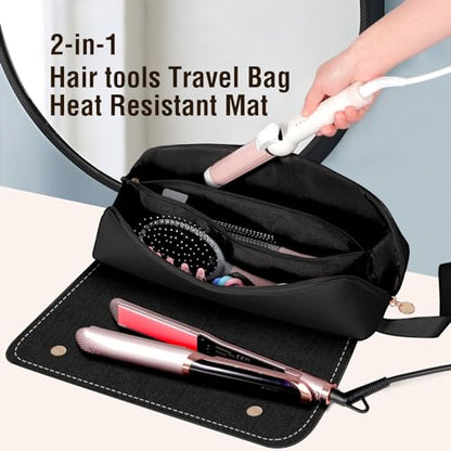 SS Hair Tools Travel Bag and Heat Resistant Mat for Hot Tools, Leather Curling Iron Case, Portable Essentials for Women, Black - color: Black