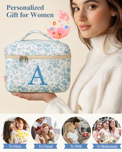 HBselect Initial Quilted Makeup Bag, Cotton Large Travel Make up Bag, Cute Floral Coquette Cosmetic Bag Toiletry Bag for Women Girls A - color: 1Pc Large Blueflower, style: A