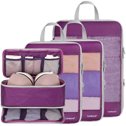 Cambond Compression Packing Cubes - 4 Set See Through Mesh Packing Cubes for Travel, Expandable Travel Essentials Packing Organizers for Carry on Suitcases with 3-in-1 Underwear Bag, Purple - color: 04 Attractive Purple, size: 4-Piece Set (Weekend/Short T