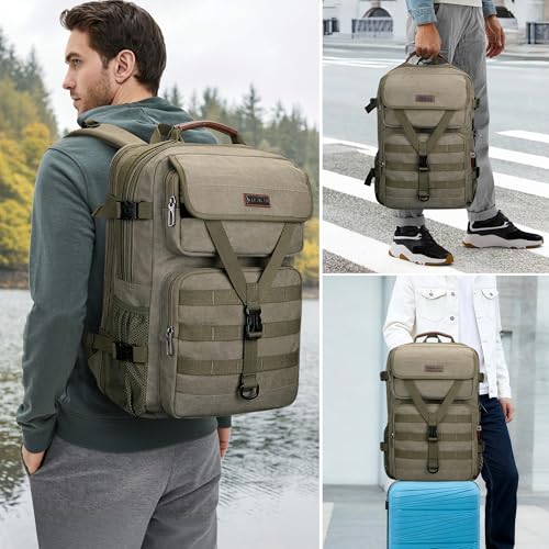 WITZMAN Travel Backpack for Men Large Canvas Laptop Backpack Fit 16 inch Carry on TSA Friendly Flight Approved Vintage Rucksack for Traveling(A8012 Army Green) - color: Army Green