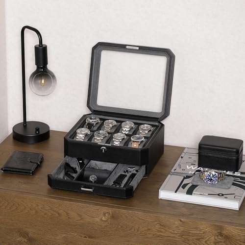 ROTHWELL 8 Slot Leather Watch Box with Valet Drawer - Luxury Case Display Jewelry Organizer, Locking Display Case Holder, Real Glass Top - Watch Box Organizer for Men & Women (Black/Grey) - color: 8 Slot - Black/Grey