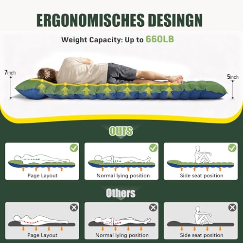 Yuzonc Double Sleeping Pad - Self Inflating 4" Extra-Thick for 2 Person with Pillow Built-in Foot Pump Inflatable Sleeping Mat for Backpacking, Hiking, Traveling, Tent, Portable Camping Mat - color: Green