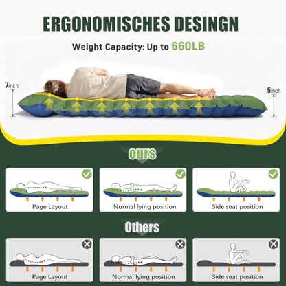Yuzonc Double Sleeping Pad - Self Inflating 4" Extra-Thick for 2 Person with Pillow Built-in Foot Pump Inflatable Sleeping Mat for Backpacking, Hiking, Traveling, Tent, Portable Camping Mat - color: Green