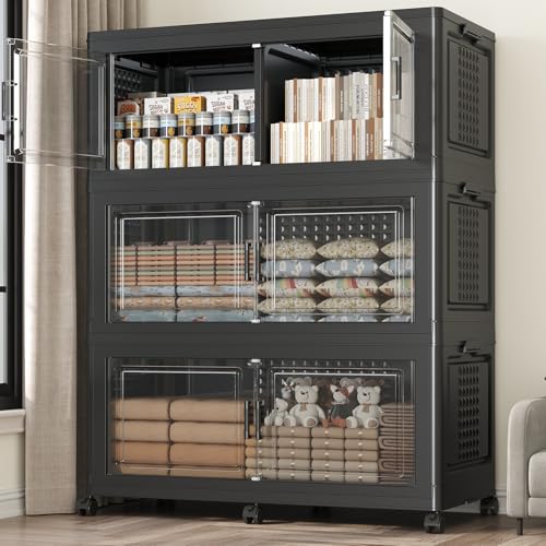 150GAL Extra Large Storage Bins with Lid, 600Qt Stackable Closet Organizers and Drawers, Collapsible Storage Bins with Wheels, Folding Containers for Home, Kitchen Office, 3Pack Black - color: Black, size: 50Gal-3Pack