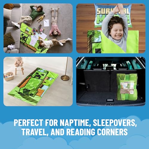 Jay Franco Kids Slumber Bag and Pillow - 54 x 27 Inch Comfy Indoor Sleeping Bag for School and Sleepovers, 2 Piece Set, Green - Minecraft - color: Green - Minecraft