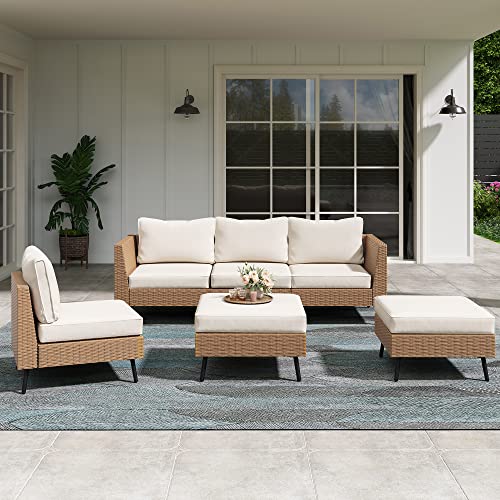 LAUSAINT HOME Outdoor Patio Furniture, 6 Piece Outdoor Sectional Sofa PE Rattan Wicker Patio Conversation Sets, All Weather Patio Furniture Set with Thick Cushions for Garden, Backyard(Beige) - color: Beige, size: 6 PCS