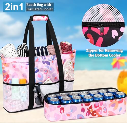 JIANYA Beach Bag Women Waterproof Sandproof Beach Tote Bags with Cooler Top Zipper Large Totes for Pool Travel Daily - color: Pink Leopard-pink