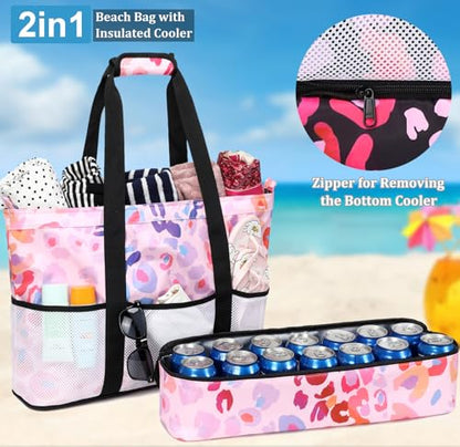 JIANYA Beach Bag Women Waterproof Sandproof Beach Tote Bags with Cooler Top Zipper Large Totes for Pool Travel Daily - color: Pink Leopard-pink