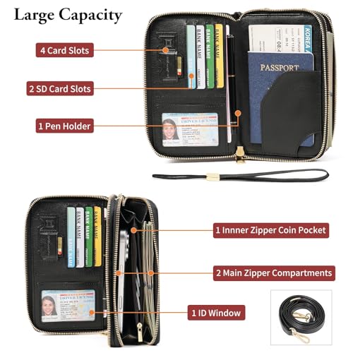 GOIACII Passport Wallet Travel Crossbody Bags for Women Wristlet Phone Purse Double Zip Vegan Leather Black - color: A02 Black