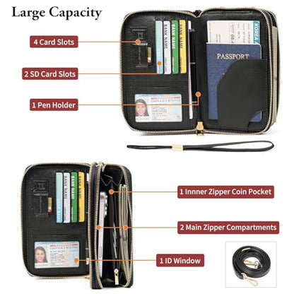 GOIACII Passport Wallet Travel Crossbody Bags for Women Wristlet Phone Purse Double Zip Vegan Leather Black - color: A02 Black