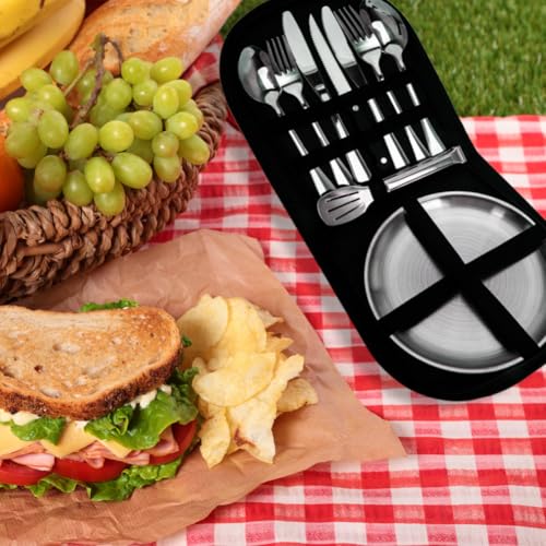 Outdoor Camping Silverware Set Flatware Organizer Cutlery Picnic Set Stainless Steel Includes Forks, Spoons, Knives, Chopsticks, Food Holders, Plates - Portable Flatware Bags
