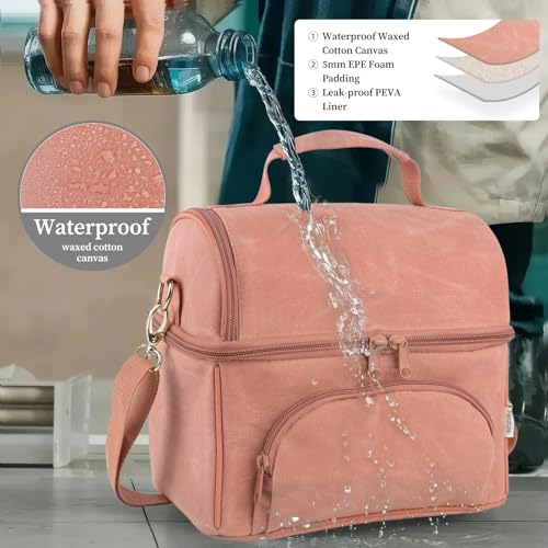 Waxed Canvas Lunch Bag with 2 XL Ice Packs, Canvas Lunch Box, Lunch Cooler for Men Work, 10.5L 2 Compartments Insulated Leakproof Cooler Bags for Camping, Beach and Road Trips - color: Mellow Rose