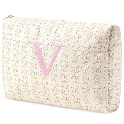 HBselect Initial Quilted Makeup Bag, Pink Cosmetic Travel Toiletry Bag, Flowers Coquette Zipper Make Up Pouch Organizer Teen Girl Gift Trendy Stuff V - color: 1Pc Medium Pinkflower, style: V