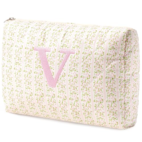 HBselect Initial Quilted Makeup Bag, Pink Cosmetic Travel Toiletry Bag, Flowers Coquette Zipper Make Up Pouch Organizer Teen Girl Gift Trendy Stuff V - color: 1Pc Medium Pinkflower, style: V