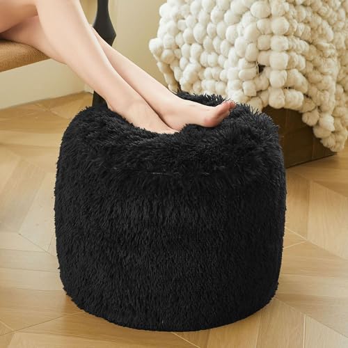 XeGe Fluffy Faux Fur Inflatable Pouf Ottoman, Comfy Portable Shaggy Fuzzy Foot Stool Anti-Slip, Plush Foot Rest Floor Pouf Home Decorative, Round Ottoman Cushion for Living Room Bedroom, Black - color: Black, size: 20"x20"x16"