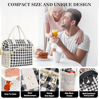 LOKASS Insulated Lunch Bag Women- Reusable 10 L Lunch Box for Women - Leakproof Tote Cooler Bag for Adults Work, Beach, Travel, Picnic （Black&White Diamond Grid） - color: Black Check