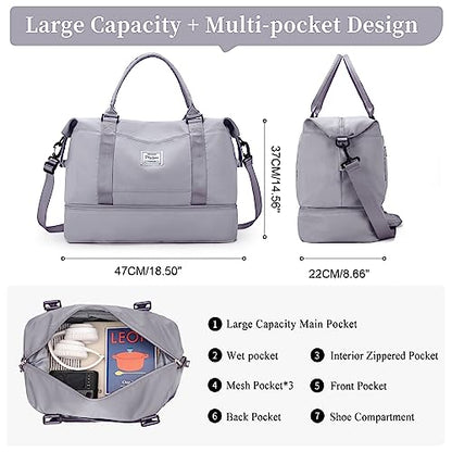 Weekender Bags for Women,Personal Item Travel Bag with Shoes Compartment,Overnight Travel Duffel Bag with Toiletry Bag - color: Grey, size: Large