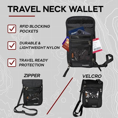 Travel Neck Wallet Passport Holder with RFID Blocking – Lightweight Pouch, Secure Organizer with 3 Zipper Pockets, ID Window, Adjustable Strap, Breathable Mesh Back – 8"x6" - style: Velcro Pocket Neck Wallet