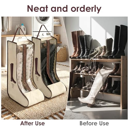 Portable Boots Storage Bag, Beige Dust Proof Boots Protector Carry Bag with Handle Shoe Dust Organizer Packing for Travel and Daily Use(Large) - size: Large