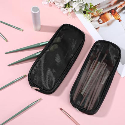 2PCS Mesh Makeup Brush Bag with Zipper, 9x3.5x0.79in Nylon Clear Travel Toiletry Bag Portable Cosmetics Organizer Travel Makeup Brush Pouch Storage Bags