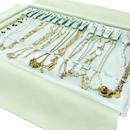 UnionPlus Travel Jewelry Roll, Faux Leather Necklaces Organizer Bag, Elastic Band and Anti-winding, Mint Green - color: Leather Mint Green, size: Medium
