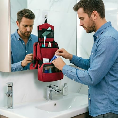 Travel toilet bag is used to store toiletries, Suitable for short-term travel use hanging toilet bag (Burgundy) - color: Burgundy