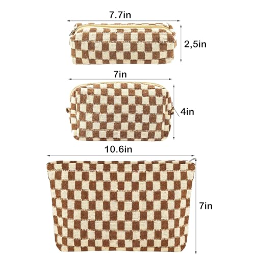 ZLFSRQ 3Pcs Checkered Makeup Bag for Women Large Small Checkered Cosmetic Bag Set Aesthetic Preppy Pencil Case Cute Pencil Pouch Brown Makeup Pouch for Purse Travel Toiletry Bags Zipper Skincare Bags - color: B-Checkered 3Pcs Mix Brown