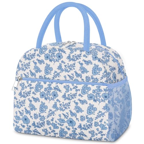 KUBYA Lunch Bag Lunch Box for Women, Cute Corduroy Insulated Reusable Work Leakproof Simple Adults Large Lunch Boxes Tote Bag Men Cooler Bag - color: B-B-Corduroy Light Blue Floral, size: Medium - 10L