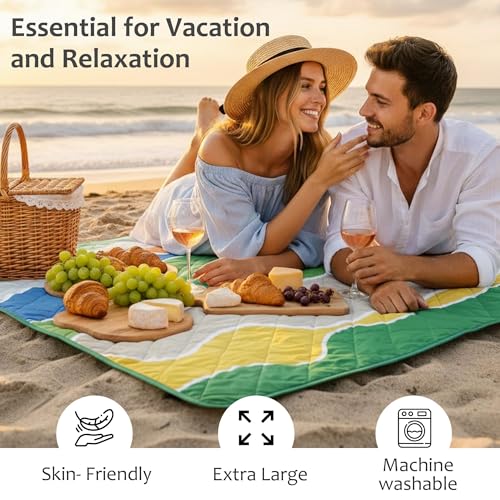 Exclusivo Mezcla Extra Large Waterproof Picnic Blankets 3 Layer, Sandproof and Foldable Outdoor Blanket for Beach Camping, Park and Travel - color: Waved Green